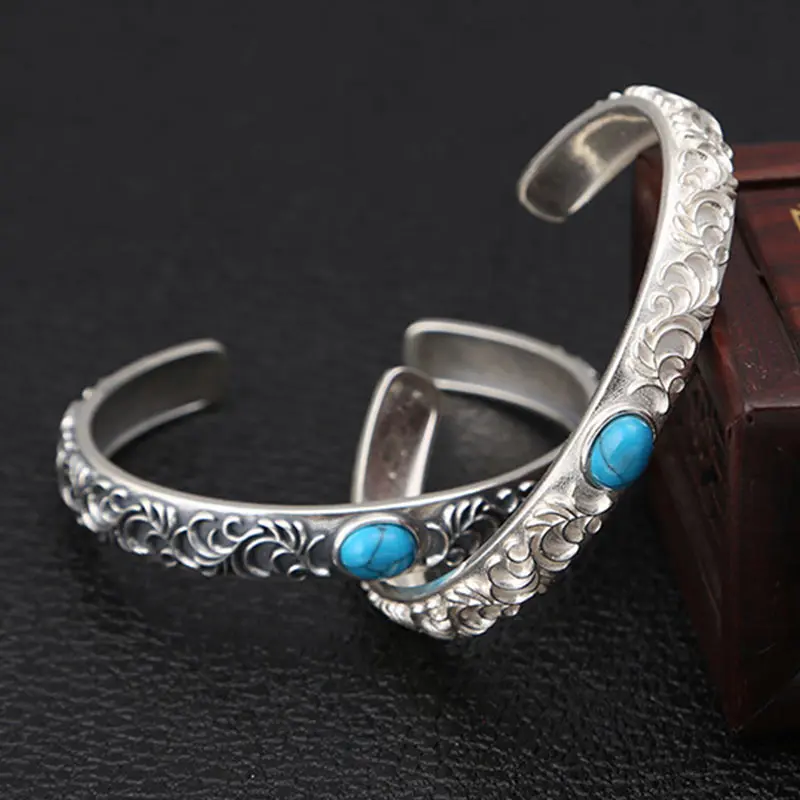 

Tibetan White Copper Turquoise Engraving Bangle Bracelet