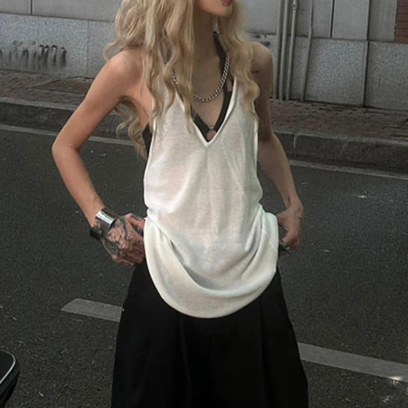 Женская Трикотажная майка с лямкой на шее однотонная Облегающая открытой спиной