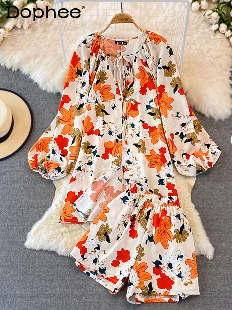 

Women V-neck Shirt Women's Printed Long-sleeve Loose Top Shorts New Two Piece Set Fashion Autumn Summer 2022