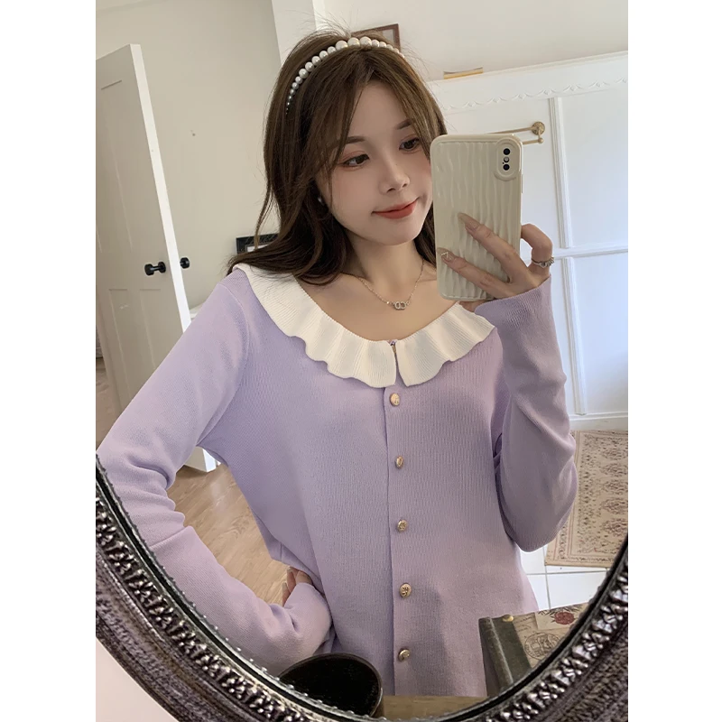 

Cardigans for Women 2023 Spring New Korean Doll Collar Stitching Long-sleeved Solid Color Single-breasted Short Knit Cardigan