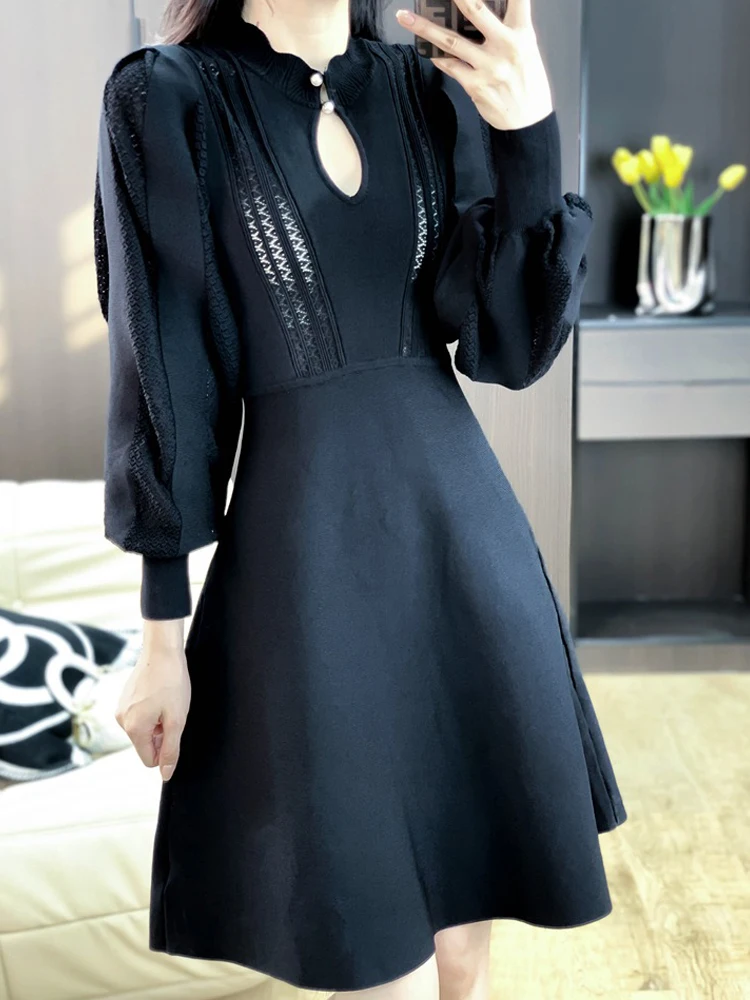 7060# Real shot French Hepburn style puff sleeve a line sexy chest hollow out 2022 temperament high waist goddess knitted dress