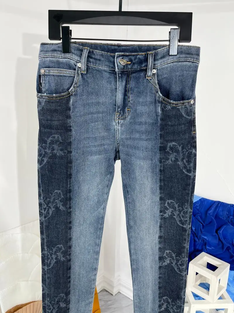 Europe Style Spring Summer Chic Men's High Quality Patchwork Print Jeans Denim Straight Pants C619