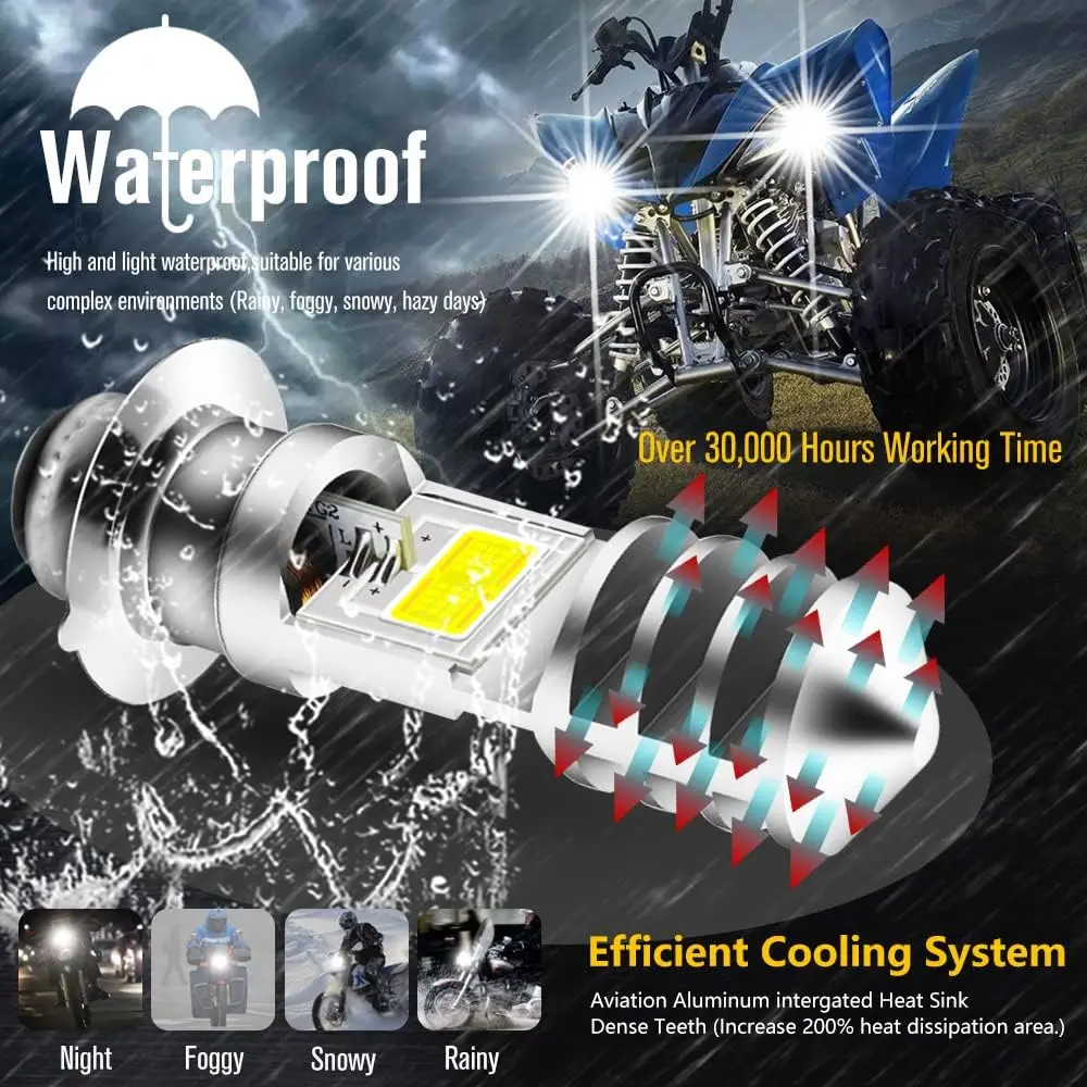2xH6M ATVS YFM350 400 450 660 700 Raptor Светодиодная фара, светодиодная лампа H6M P15D, для мотоциклаATVUTV, 6000K, IP68, подключай и используй. (art.: 3920dca386952) - 3920dca386952