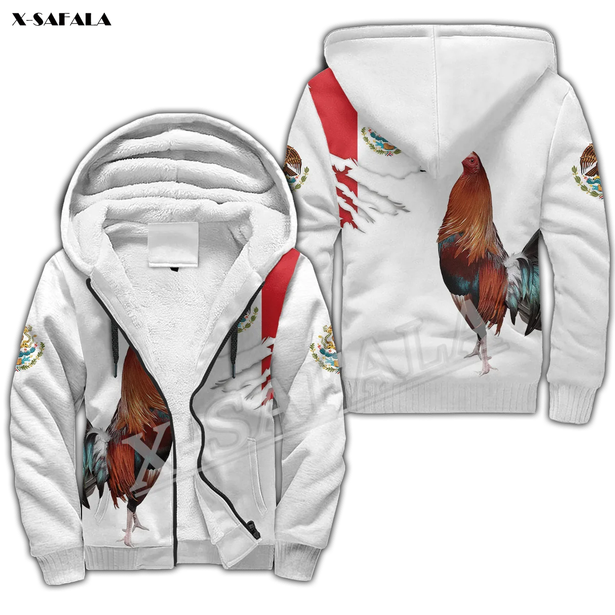 Classical Rooster 3D Print Men Warm Thick Fleece Zipper Hoodie Jacket Windproof Pullover Coat Hooded Outwear US Size Winter