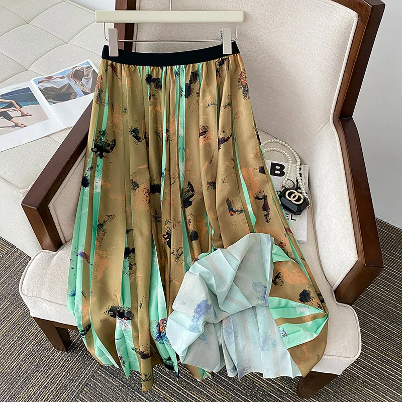 

YCMYUNYAN 2023 New Folds Skirt Spring/summer Floral High Waisted Loose A-LINE Vintage Chiffon Print Women Pleated Skirts