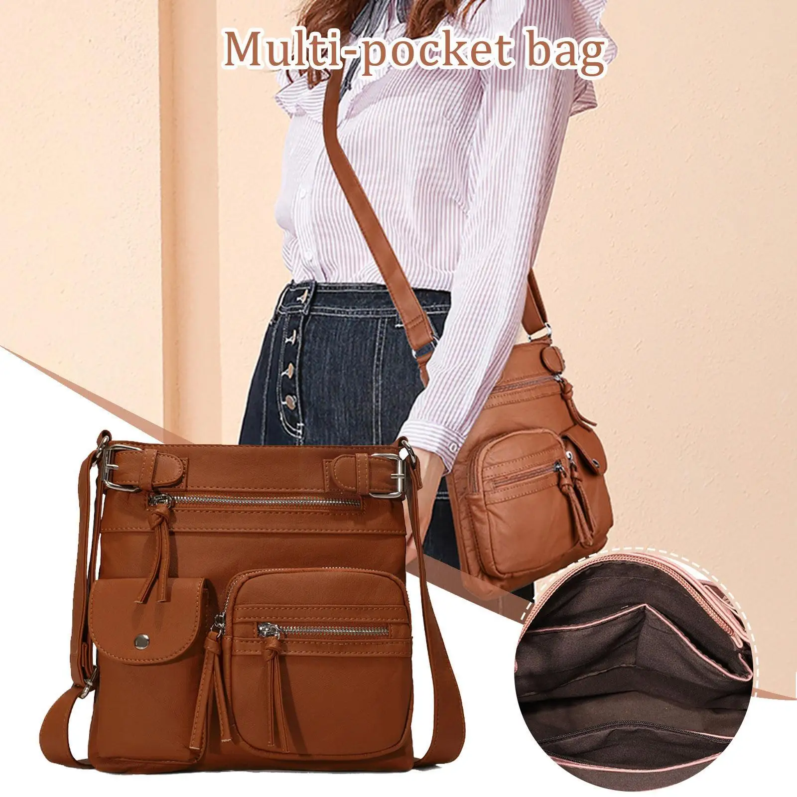 

Женская сумка через плечо с несколькими карманами, сумочка из искусственной кожи с несколькими карманами, дизайнерские мягкие кожаные клат...