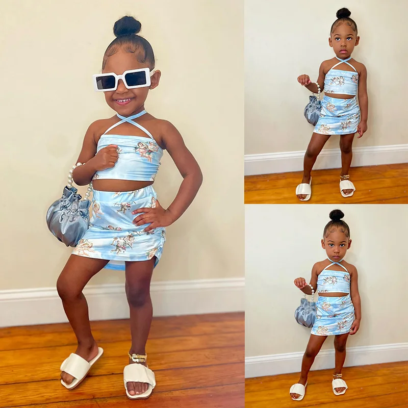 Enlarge Summer Kids Girl Outfits Set Sling Straps Sleeveless Cool Tops High Waist Elastic Skirt Baby Girl Clothes Fashion Sexy Kids Suit