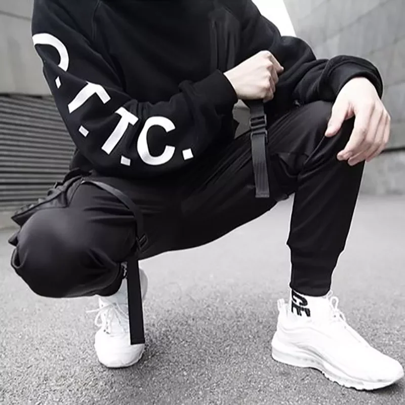 2022New Hop Trousers Men Ribbons Color Block Black Pocket Cargo Pants Harem Joggers Harajuku Sweatpant