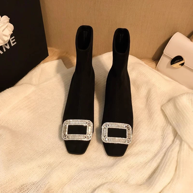 Женские замшевые ботильоны с кристаллами ботинки на среднем каблуке массивная