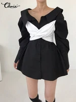celmia casual korean style shirt dress lapel puff sleeve buttons women mini dresses all match contrast color patchwork sundress