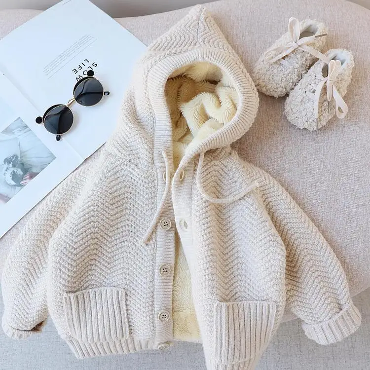 

New Autumn And Winter Girls' Thickened Hooded Lamb Cashmere Sweater Coat Girl Baby Cardigan