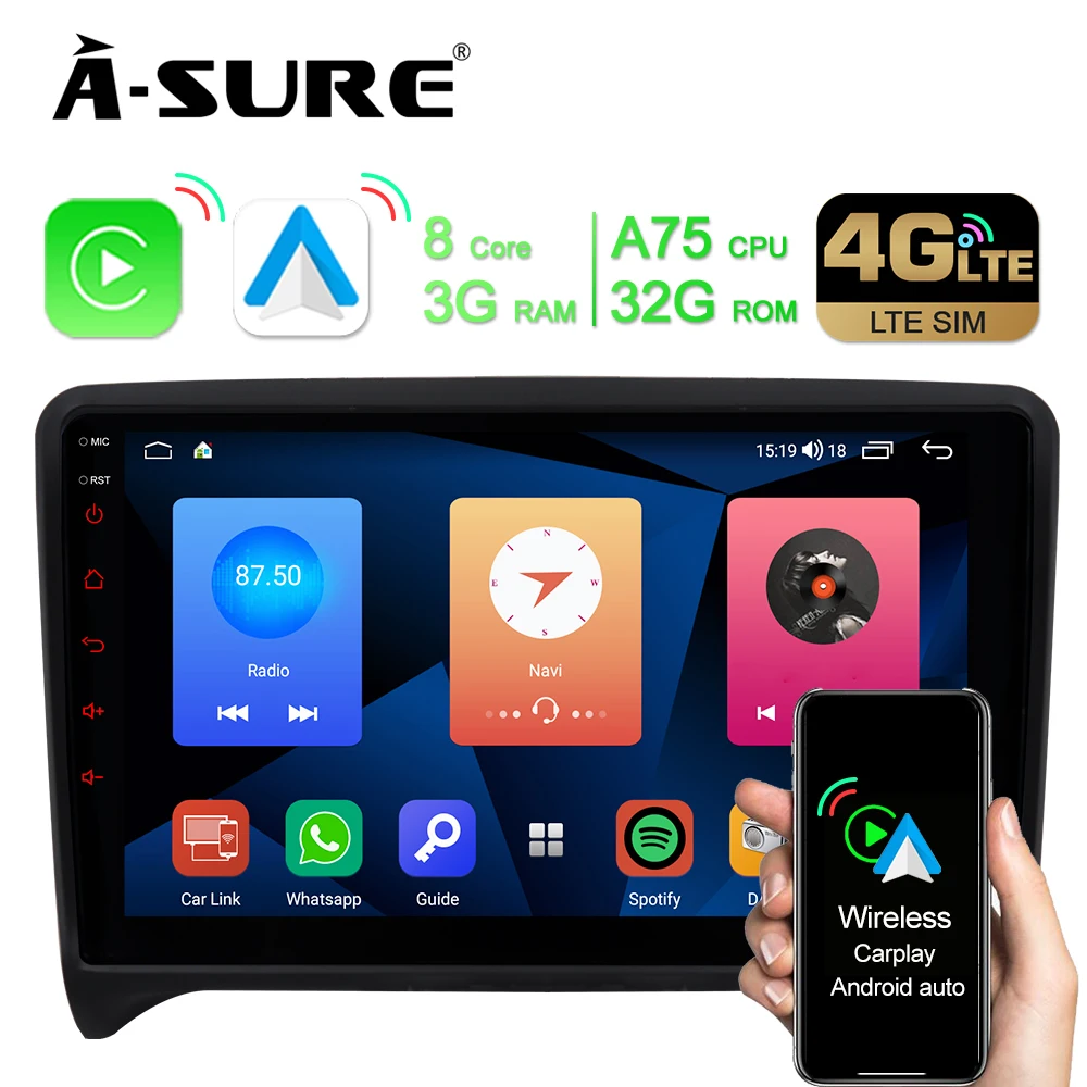 

A-Sure 2 Din Автомобильный мультимедийный Android 10 радио Carplay 4G-LTE SIM 8-Core 3 + 32 ГБ DSP BT GPS навигация для Audi TT MK2 2006-2014