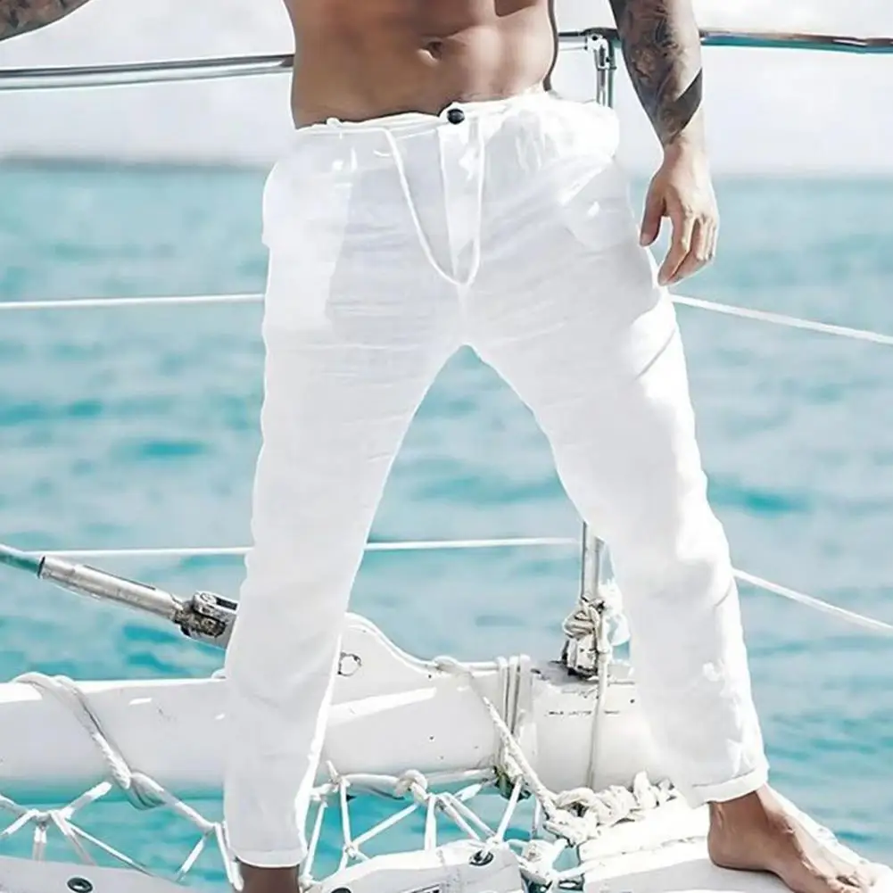 

Мужские повседневные брюки, дышащие летние брюки для мужчин, мягкие брюки со шнуровкой и косыми карманами, простой стиль