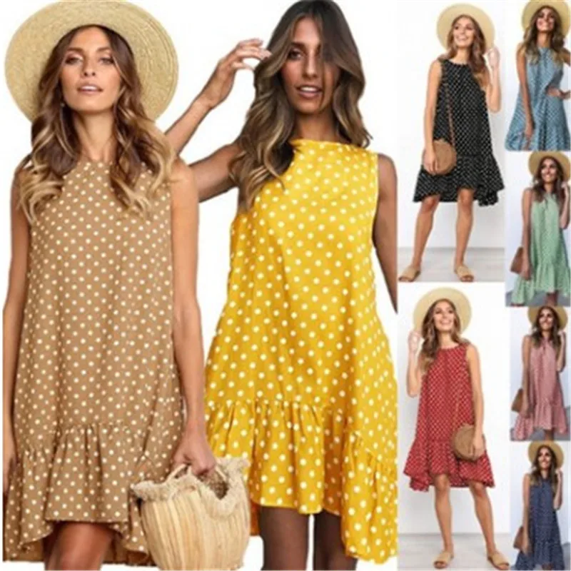 

Женское летнее платье в горошек, шифоновое пляжное мини-платье без рукавов, повседневный желтый сарафан, весеннее модное платье большого размера для женщин