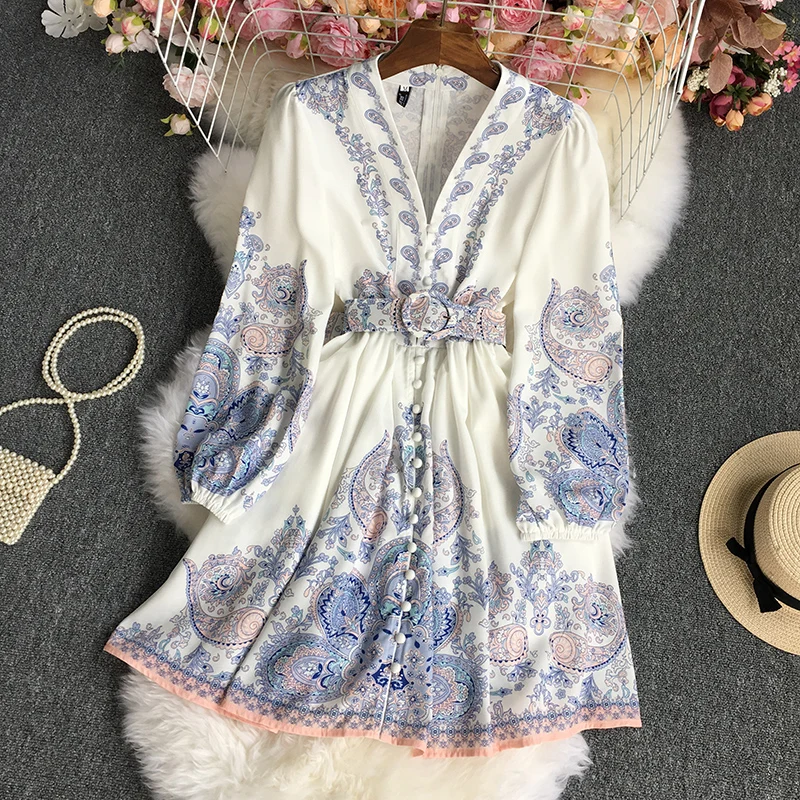 

Женское винтажное платье в стиле бохо, осеннее платье с длинным рукавом и V-образным вырезом, мини-платье для отпуска, 2022