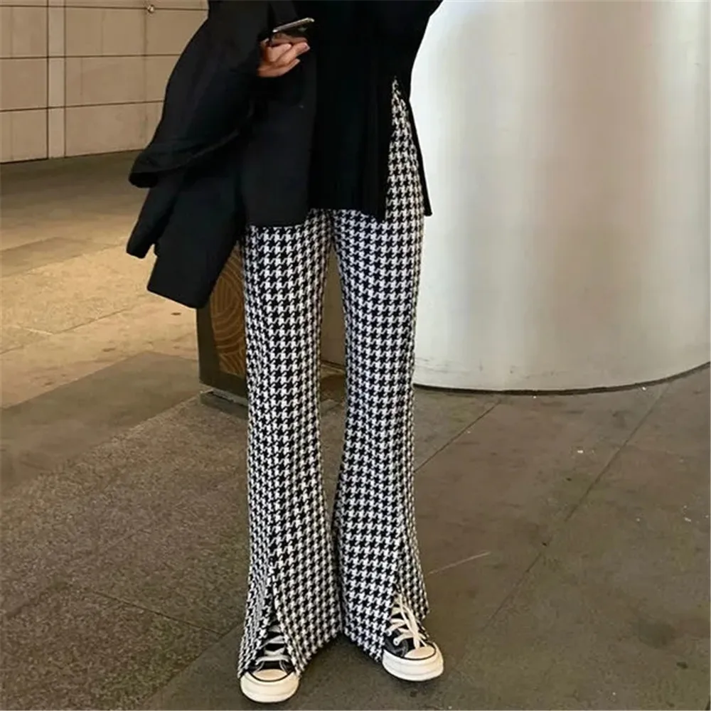 

Simple Houndstooth High Waist Causal Long Women Pants Slit Fashion Straight Plaid Flare Female Trousers Summer Autumn Streetwear