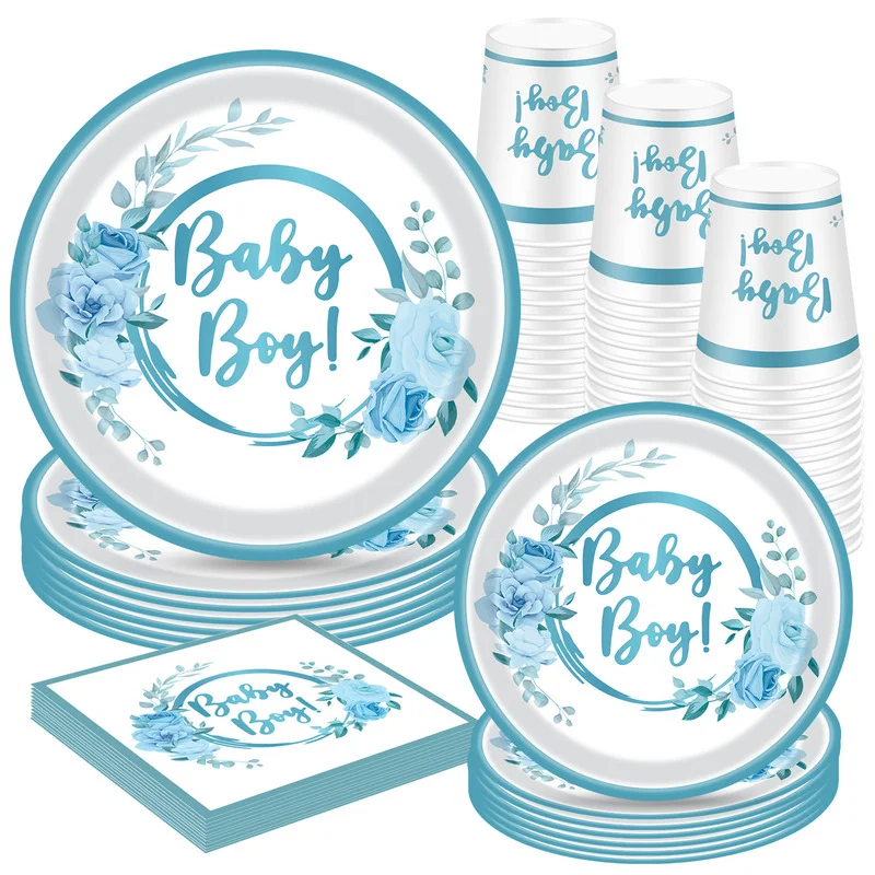 

Baby Boy Baby Shower Disposable Paper Plates Cups Napkins Gender Reveal Decoration Party Tableware It's A Boy Birthday Supplies