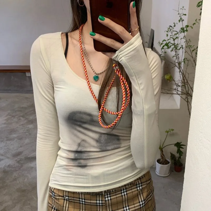

Fashion Tie Dye Aesthetic T-shirts New Sexy See Through Mesh Tops Women Slim Top Chic Long Sleeve Tshirt Tees Clothes 21978