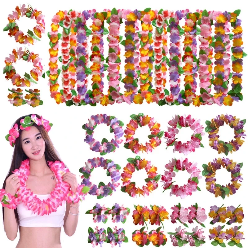 

Hawaiian Party Artificial Flowers Necklace Headband Garland Beach Tropical Hawaiian Luau Leis Party Supplies Wedding Party Decor