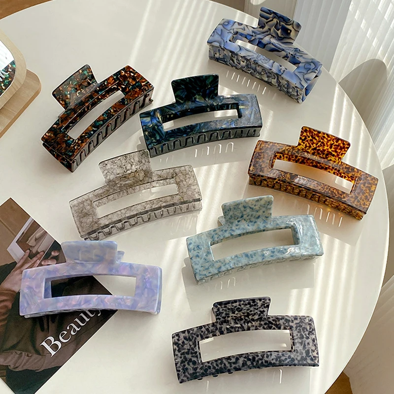 

New Marble Hair Claw Large Geometric Hollow Square Tortoiseshell Leopard Acetate Hair Clip For Women High-End Hair Accessories