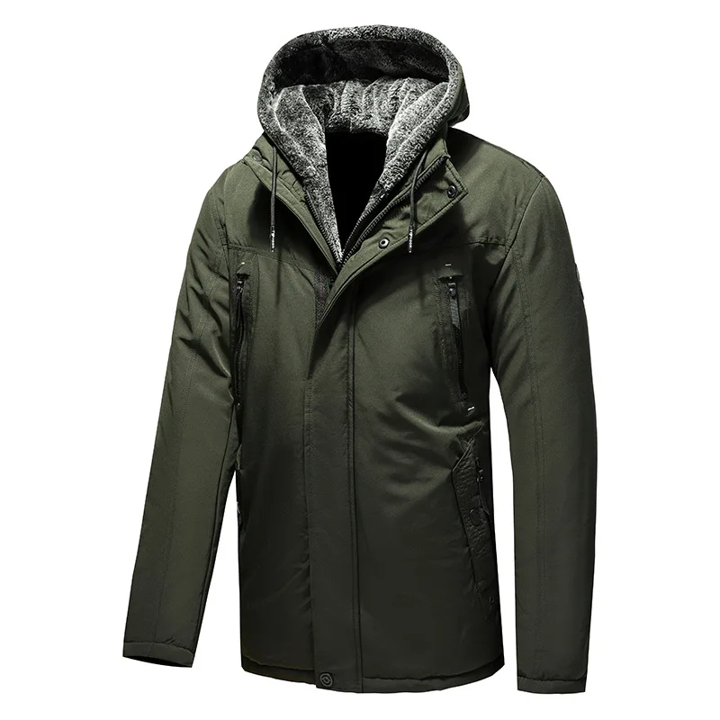 Men's Jacket Stand Collar Zipper Casual Fashion Winter Solid Color Warm Thickened Plus Size Hooded Parkas Men Army Green Coat