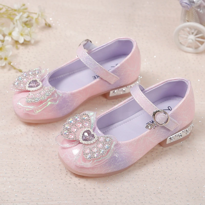 

Kids Princess Shoes Sandal 2023 New Fashion Gradient Rhinestone Bow Baby Girl Shoes Low Heels Bling Girls Leather Shoes