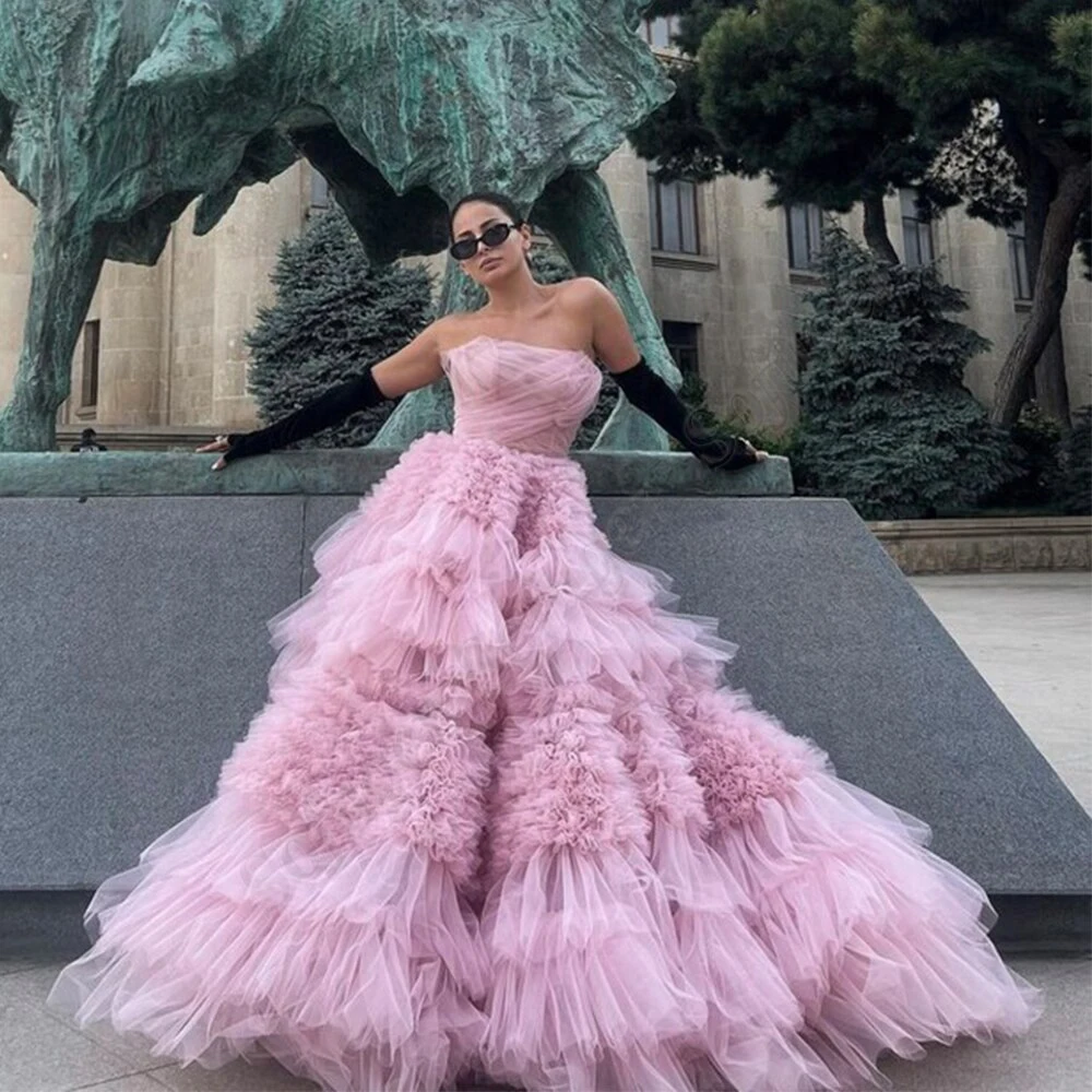 

Prom Dress Elegant Pink Tulle Tiered Strapless Floor Length Sleeveless Women Vestido Baile Formatura Evening Gowns Formal Party