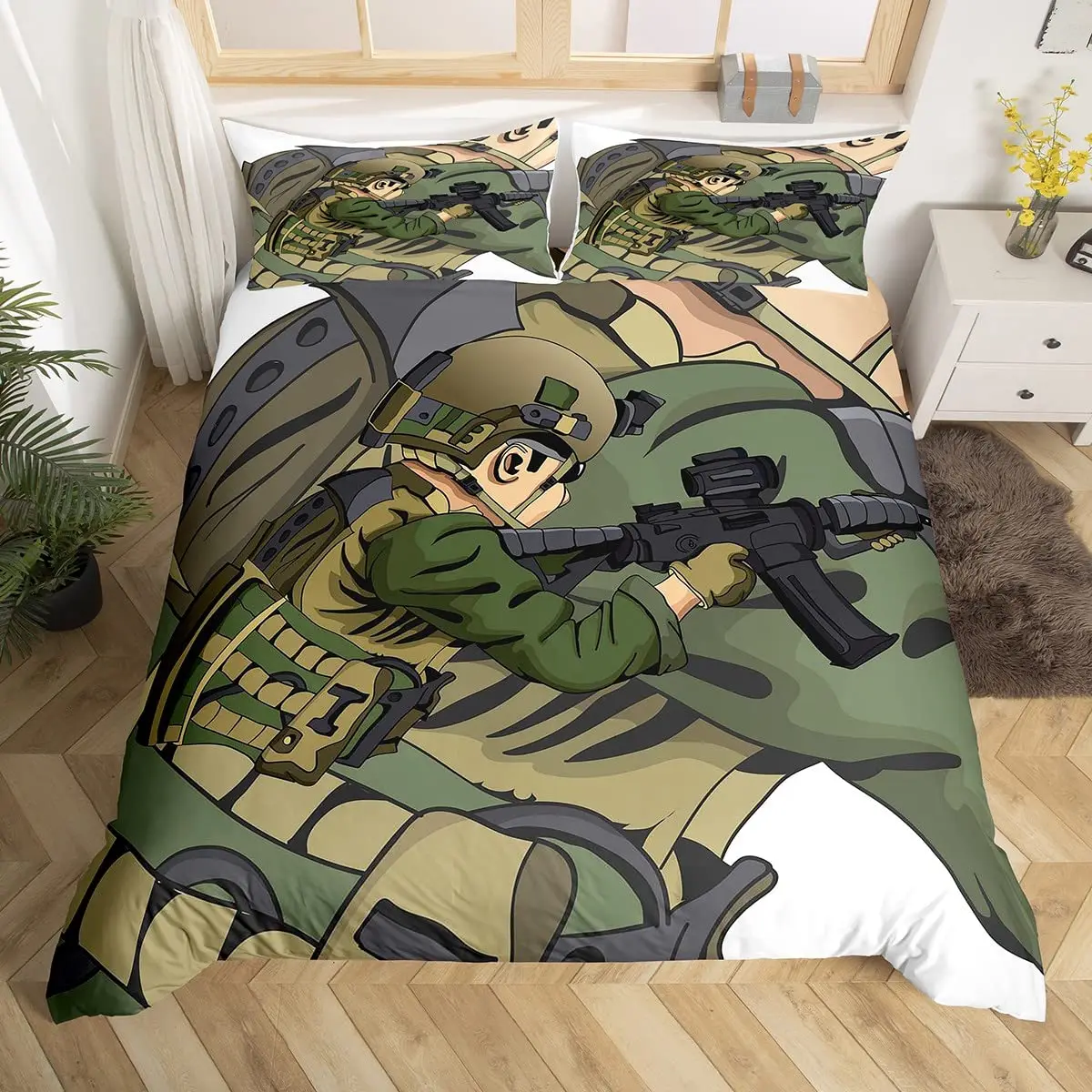 

Soldier Duvet Cover Set King Size Soldier Helicopter Silhouette Bedding Set Microfiber 2/3pcs Green Black Military Quilt