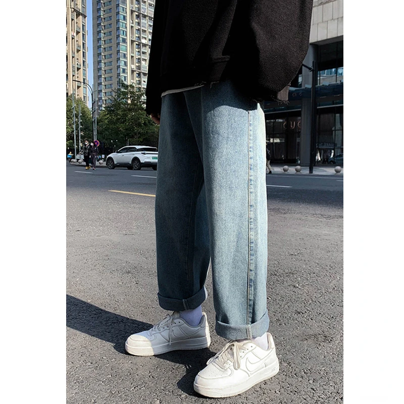 Autumn New Baggy Boyfriend Jeans Men's Blue Black Fashion Korean Straight Pants Casual Solid Students Wide-leg Denim Trousers