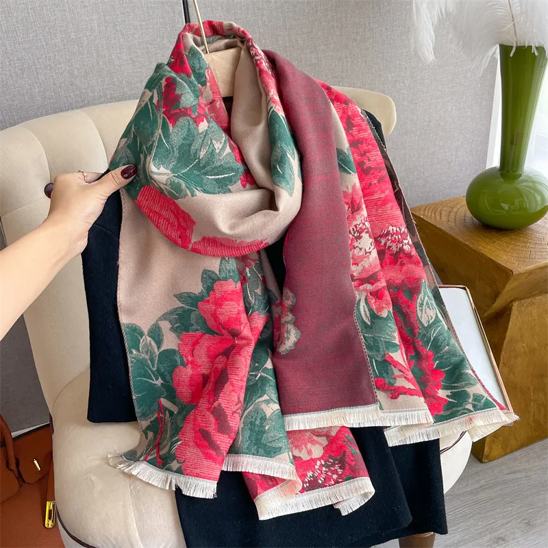 

Толстый зимний женский шарф, роскошная теплая шаль с цветочным рисунком и кашемировые шарфы, Bufanda аксессуары из пашмины Travel пончо