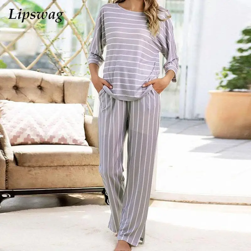 

Осенний Новый Повседневный пуловер с круглым вырезом + длинные брюки с карманами, женский костюм, женский офисный элегантный свободный комп...