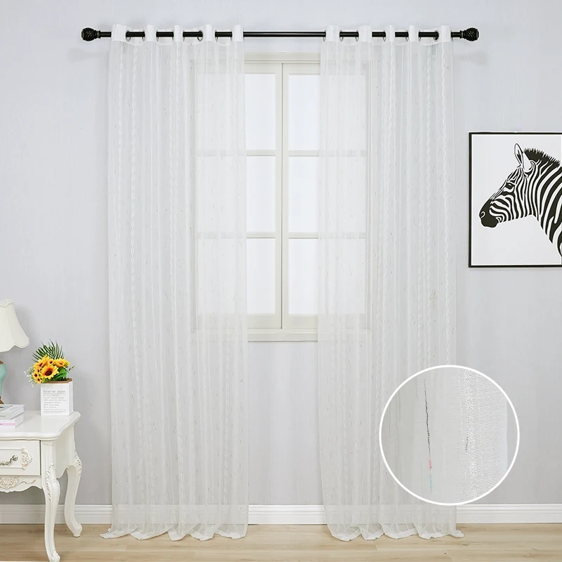 

White Linen Jacquard Window Screens Colorful Stripe Embroidered Curtains Tulle For Living Room Bedroom Study Sheer Drapes