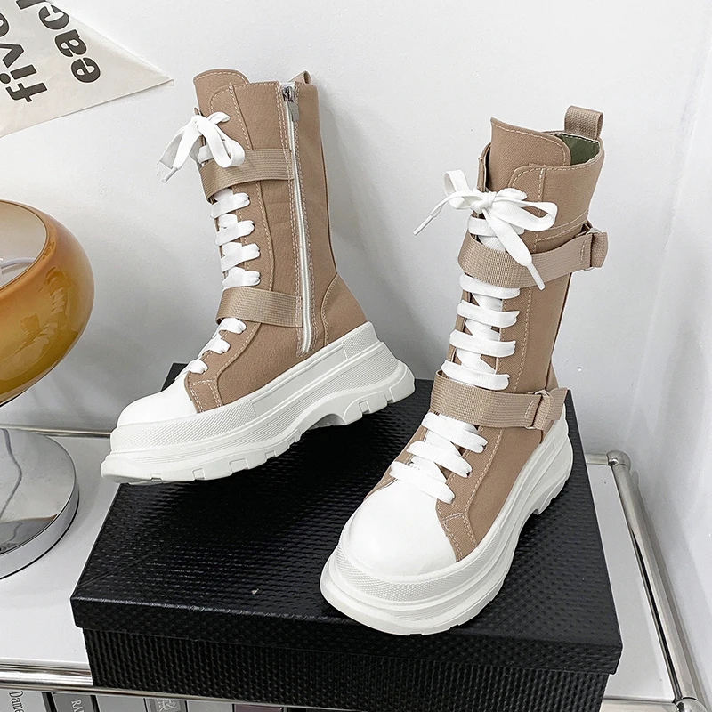 

Rimocy Canvas Chunky Platform Ankle Boots Women Zipper Thick Sole Motorcycle Boots Woman Height Increasing Punk Mid-Calf Botas