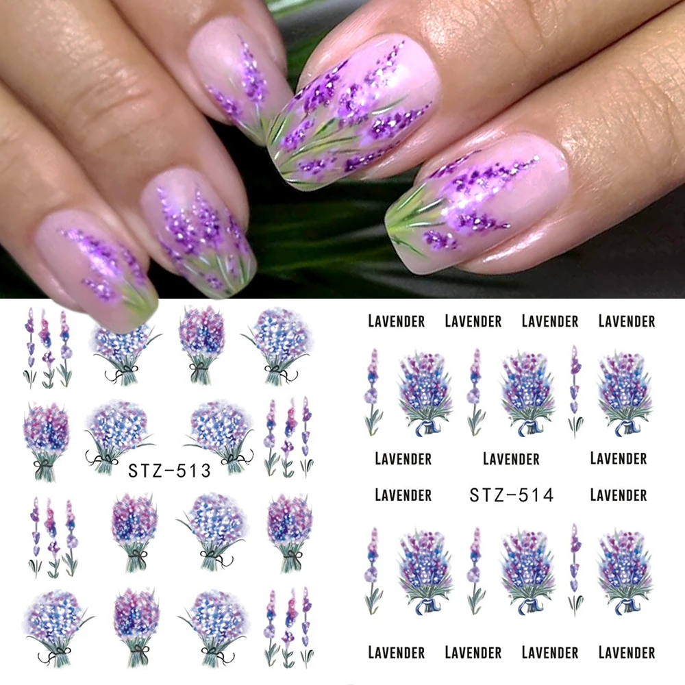 Лавандовая наклейка для ногтей весенний цветок водная роза пион черные листья