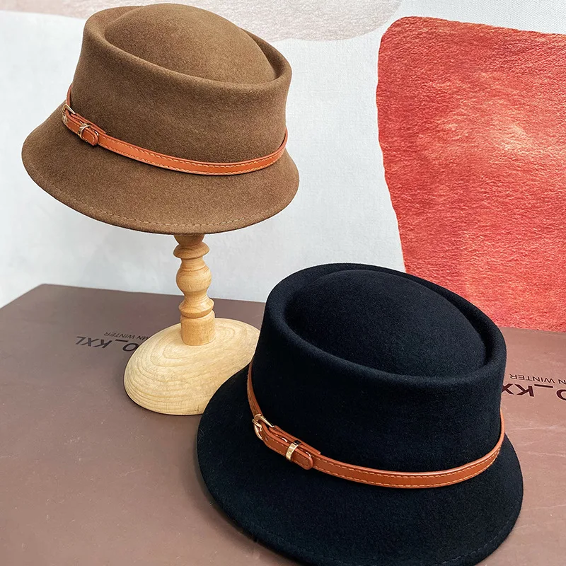 

Woolen Bucket Hat Adjustable Belt Fisherman Hats Ladies Autumn And Winter French Retro Elegant Dome Top Cap Fashion Fedora