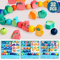 kids 32pcs montessori diy colored wooden cartoon animals shaped string threading lacing beads beading game jewelry making toys
