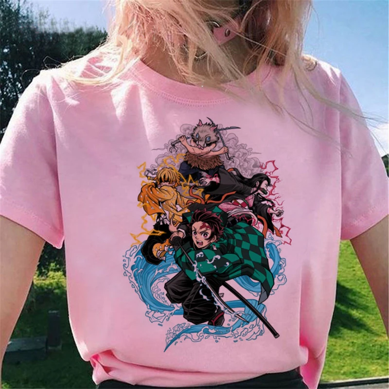 

New Harajuku Japanese Women T-shirt Anime Printed Pink Women's Top Tee Summer Round Neck Female Clothes 30216