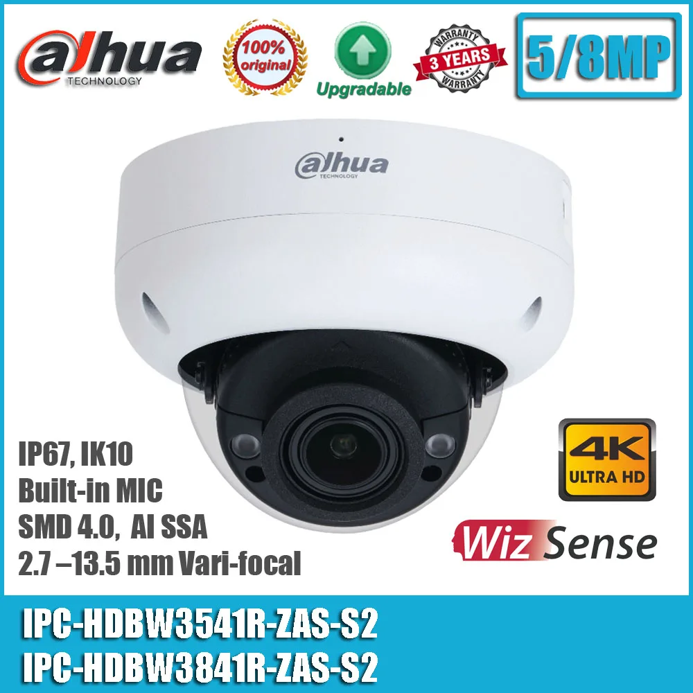 

Dahua IPC-HDBW3541R-ZAS-S2 и IPC-HDBW3841R-ZAS-S2 5/8MP POE IR Встроенный микрофон, вариофокальный WizSense, купольная сетевая камера