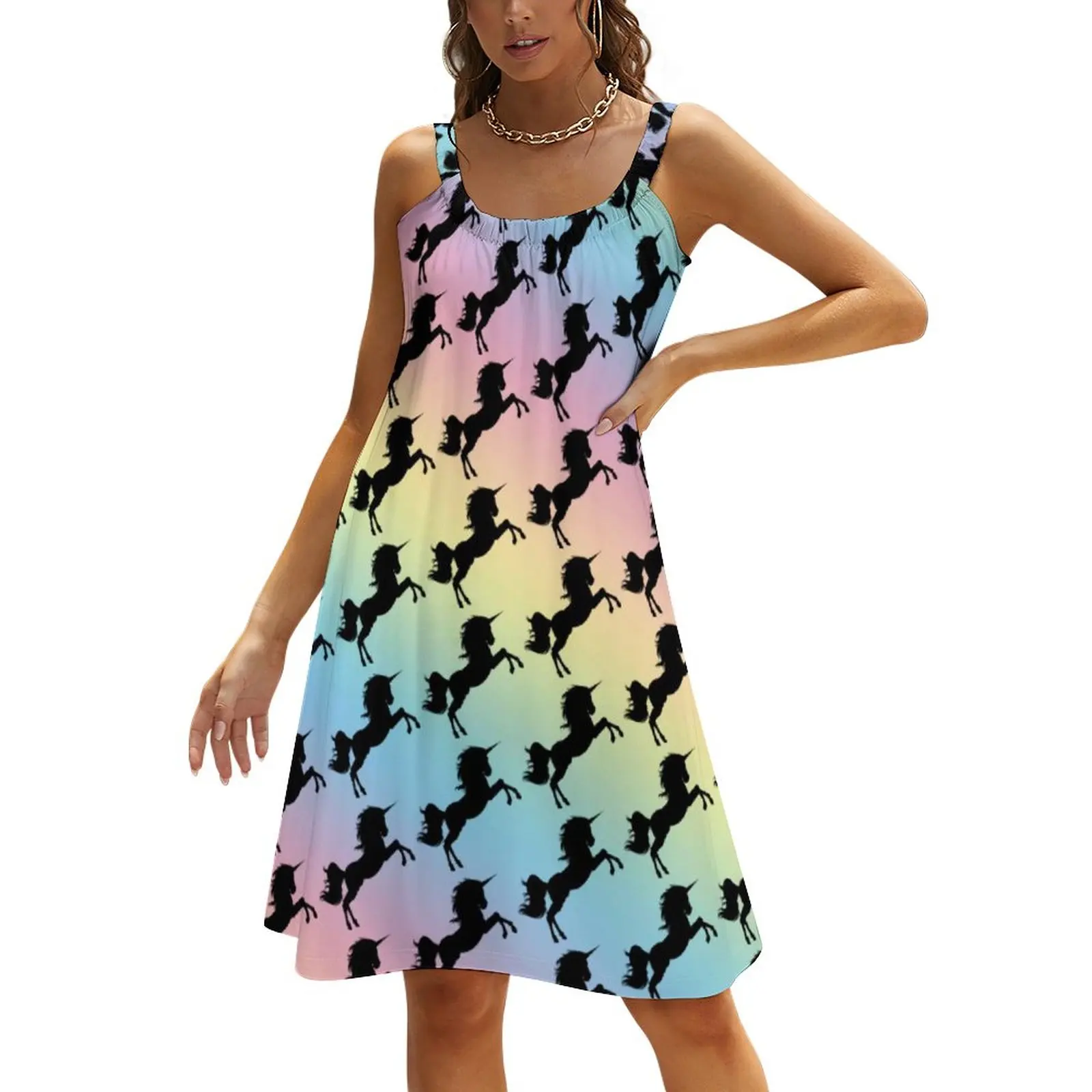 

Black Unicorn Silhouette Dress Pastel Rainbow Print Club Dresses Day Street Style Oversized Sundress Cheap Womens Print Vestido