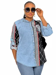 Africa Clothing Denim Shirts Women Turn Down Collar Ropa Mujer 2022 Fashion New Patchwork Streetwear African Denim Tops Blouses