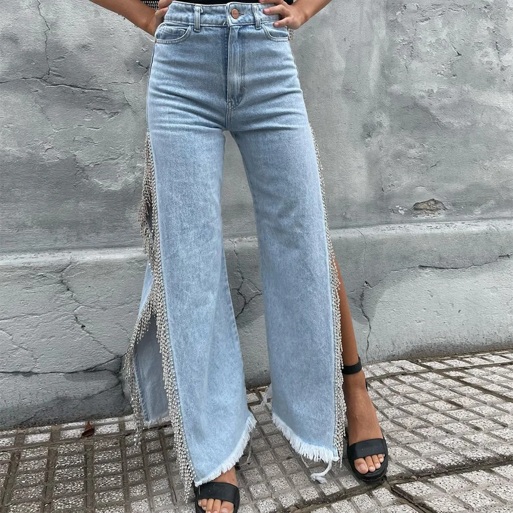 European and American Women's Jeans 2023 Summer New Product Personalized Trend Split Chain Jeans Versatile Y2k Streetwear