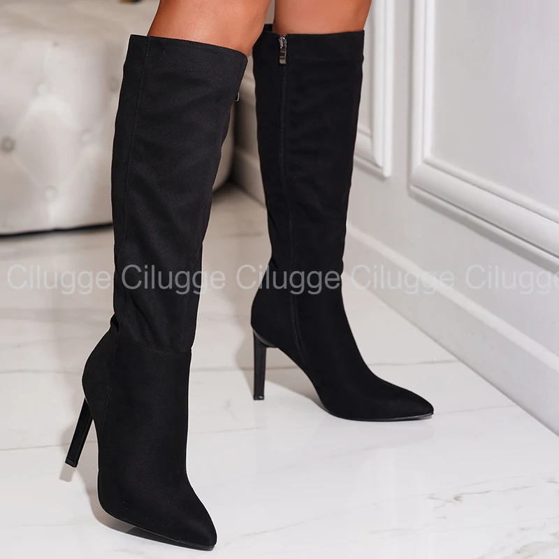 

Termainoov Autumn Winter Women Boots Pointed Toe Thin Heel Super High Heel Knee High Boots Zipper Solid Flock Party Fashion Shoe