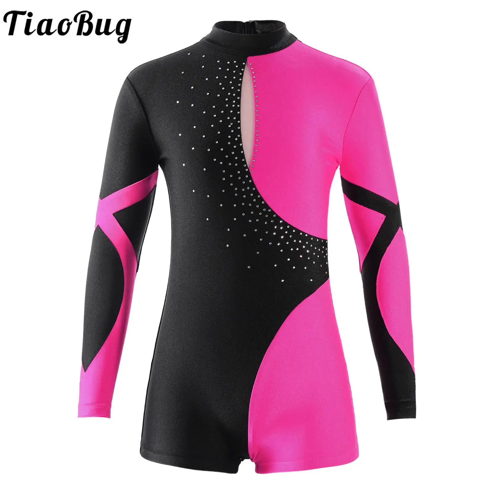 

Kids Girls Long Sleeve Shiny Rhinestone Contrast Color Hollow Back Dance Leotards Bodysuit For Ballet Sport