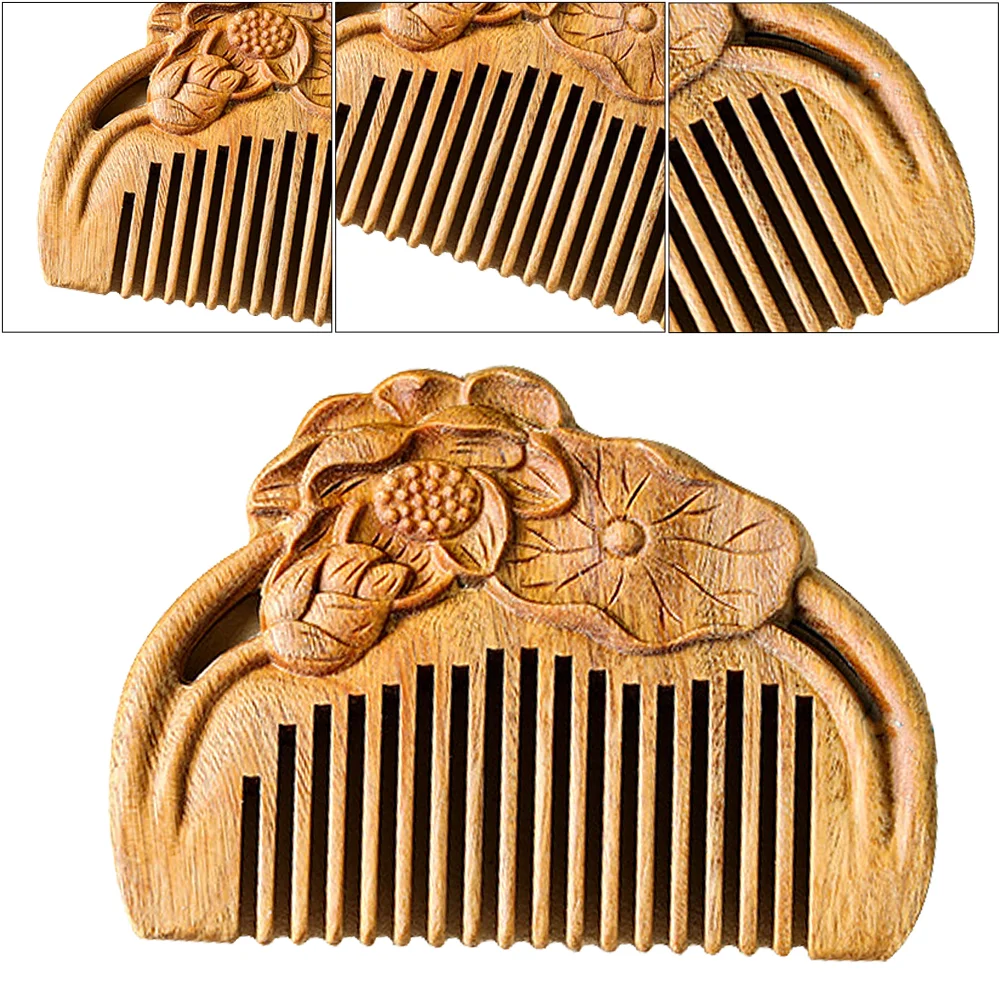 

Mini Massager Wooden Comb Hair Brush Carved Lotus Sandal Classical Sandalwood Care Green