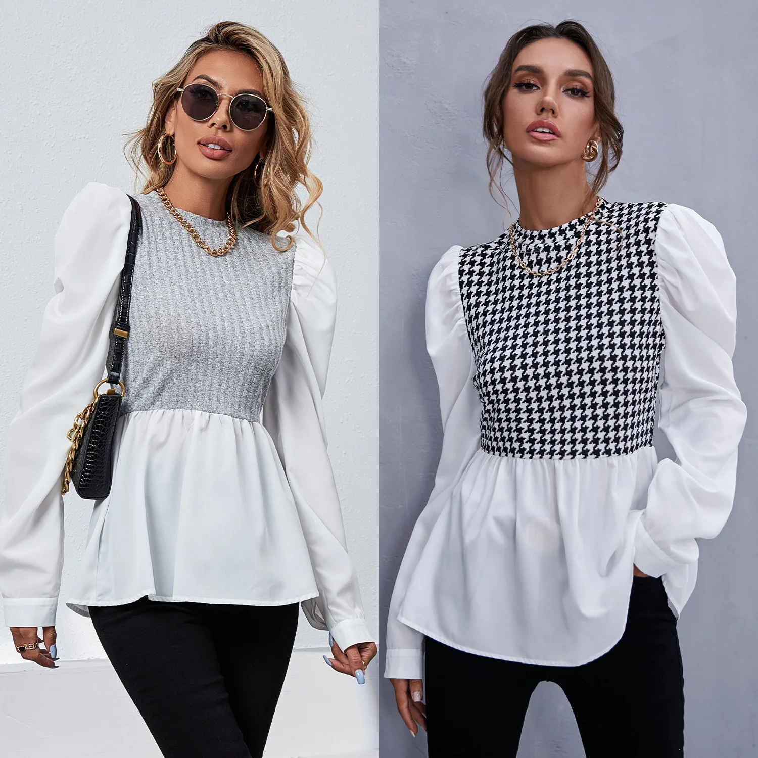 

Fashion Woman Blouses 2021 SLIM Versatile Plaid Stitched Women's shirt Blouse Women's Tops O-Neck Office Lady Casual Shirts
