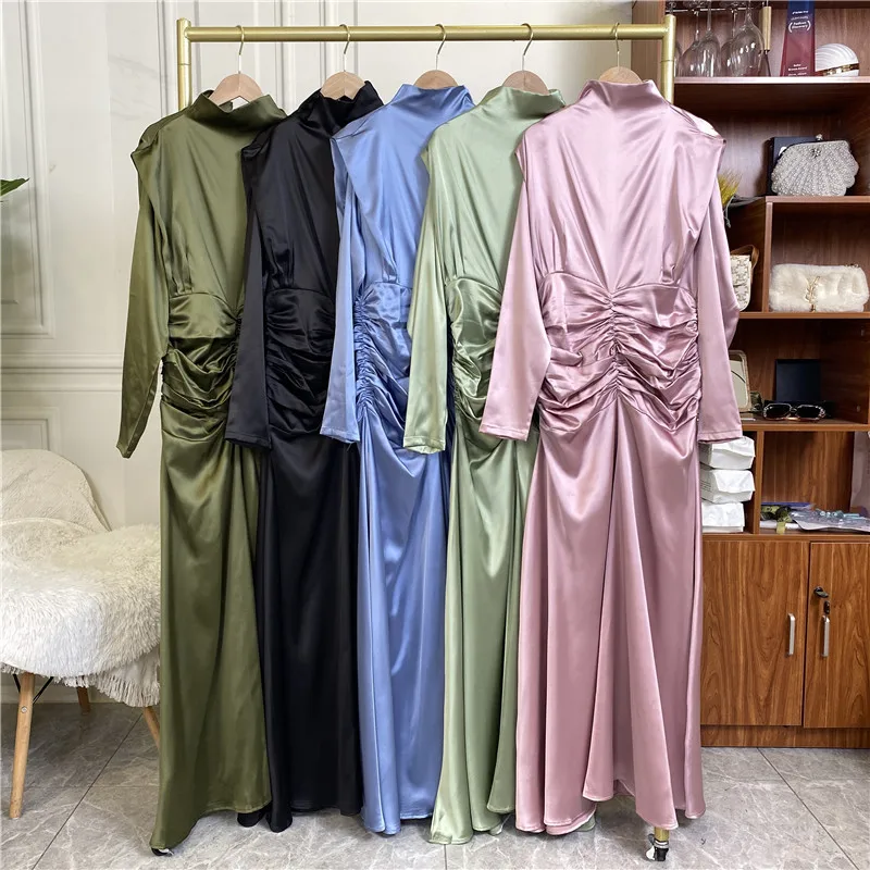 Muslim Long Dress Hijab Abaya for Women Stand Collar Thick Satin Ruched Evening Dresses Eid Ramadan Dubai Turkish Modest Abayas