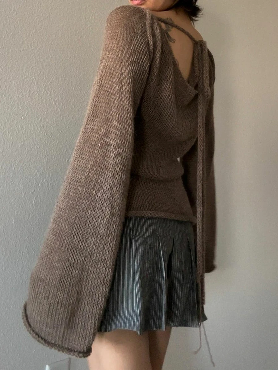 

Женские свитера с завязкой на спине, однотонный вязаный пуловер с длинным рукавом и вырезом лодочкой, повседневные топы
