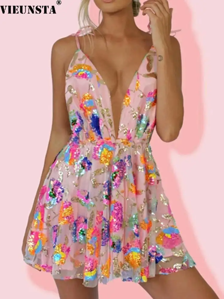 

Sexy Deep V Neck Hollow Out Dresses Spring Women Elegant Sequined Floral Print Mini Dress Summer Lace-up Bow Sling Party Dress