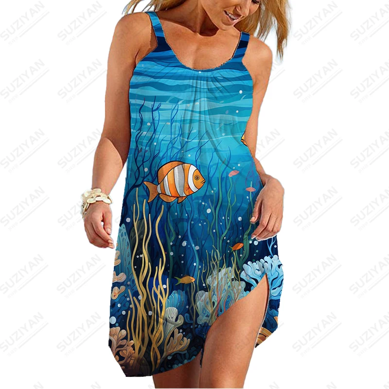 

Underwater World 3D Printing Dress Women's Outdoor Fashion Dress Simple Spaghetti Strap Dress Summer Loose Leisure Dress
