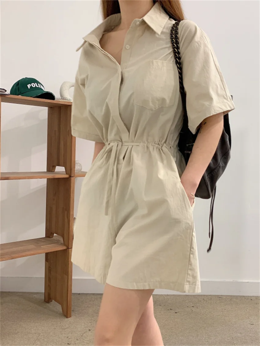 

Loose Women Playsuits Straight Slim Work Wear Solid Normcore 2022 Summer Chic Lady Gentle OL New Hot Short Sleeve Rompers